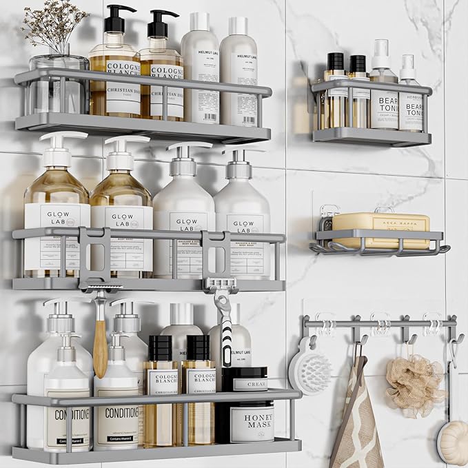 YASONIC Shower Caddy, 6 Pack Large Capacity Shower Organizer with Soap Holder and 12 Hooks, Rustproof Shower Shelves for Inside Shower, No Drilling&Sleek Bathroom Organizers and Storage Grey