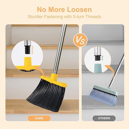 3-Pack Commercial Broom and Dustpan Combo Set, Industrial 51'' Broom and Dustpan Set, Large Standing Bulk Dust Pan Long Handle for Hall Office Garage Floor Outdoor - Bright Yellow