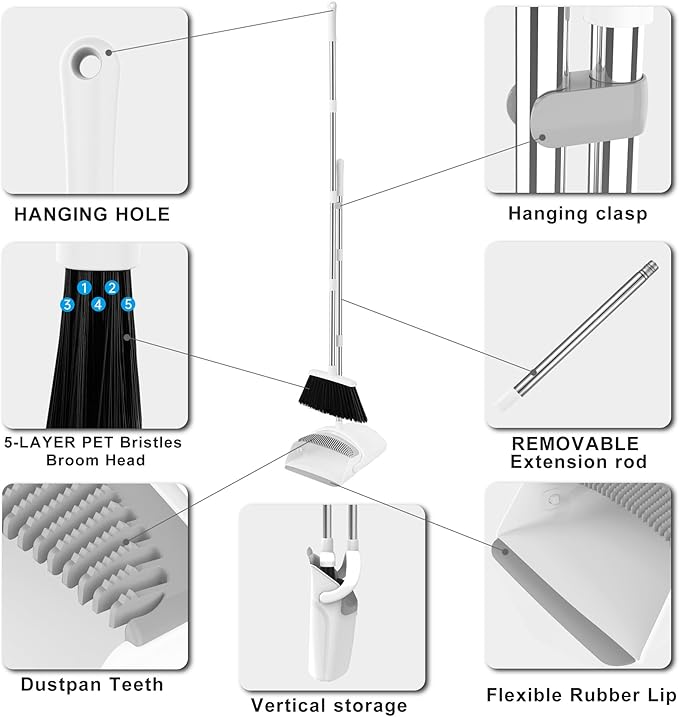 Broom and Dustpan Set, Broom with Dustpan Combo Set for Home 54-in Long Adjustable Handle Dustpan Teeth to Clean Hair for Home Office Kitchen Lobby(White)