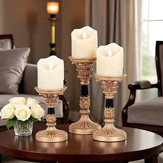 Resin Candle Holder Set of 3 - Christmas Home Decor Column Candle Stands, Vintage Palace Style, Coffee Table Centerpiece, Suitable for Fireplace, Living Room, or Dining Table