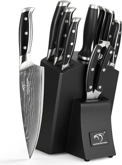 Damascus Kitchen Knife Set with Block – Razor Sharp 67-Layer VG10 Steel, Triple Rivet Handles, Chef, Santoku, Utility, Bread & Paring Knives, Sharpener, Shears, Black, 9PCS