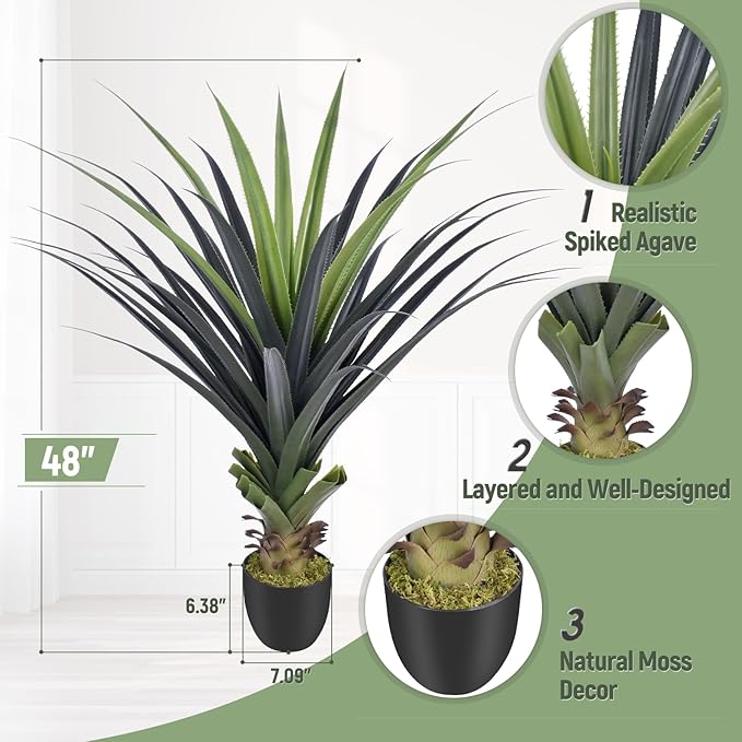 4ft Artificial Spiked Agave Plant, 48inch Faux Agave Plants Indoor Realistic Floor Plant Perfect for Front Porch, Patio, Indoor Outdoor Home, Office Decor (Set of 2)