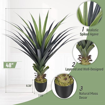 4ft Artificial Spiked Agave Plant, 48inch Faux Agave Plants Indoor Realistic Floor Plant Perfect for Front Porch, Patio, Indoor Outdoor Home, Office Decor (Set of 2)