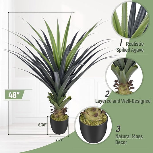 4ft Artificial Spiked Agave Plant, 48inch Faux Agave Plants Indoor Realistic Floor Plant Perfect for Front Porch, Patio, Indoor Outdoor Home, Office Decor (Set of 2)