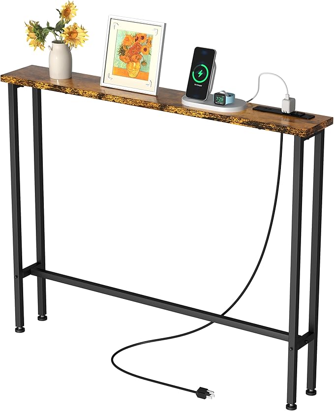 GRLEAF 39" Narrow Console Sofa Table with Built-in Power Strip (2 AC Outlets & 2 USB Ports) – 4.9ft Power Cord, Metal Frame, Easy Assembly, Ideal for Behind Couch, Hallway, and Office | Rustic Brown