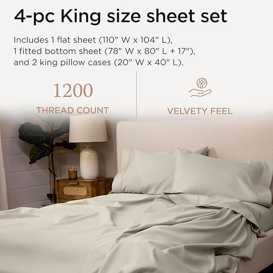 Threadmill Supima King Size Sheets, 1200 Thread Count, 4 Piece American Luxury Bed Sheets for King Mattress, 5 Star Hotel Quality Cotton Sheets with Elasticized Extra Deep Pocket, Taupe