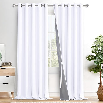 XWZO White 100% Blackout Curtains - Heat and Full Light Blocking Drapes with Black Liner for Large Windows, Grommet Top Window Panels with Tiebacks, White, W60 x L108, Set of 2
