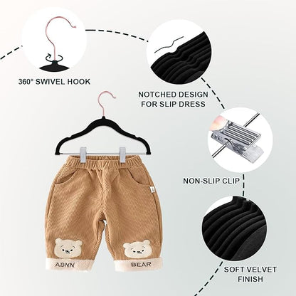 Baby Hangers with Clips, 14 Packs Kids Velvet Clothes Hangers, Heavy-Duty Childrens Pant Hangers for Shirts, Pants, Skirts, Dresses, Jackets, Coat Black - Rose Gold Hook