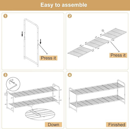 KEETDY 2-Tier Long Shoe Rack for Closet Entryway Shoe Organizer for 18 Pairs Sneakers, Metal Stackable Shoe Storage Shelf with Wire Grid for Bedroom, Floor, White