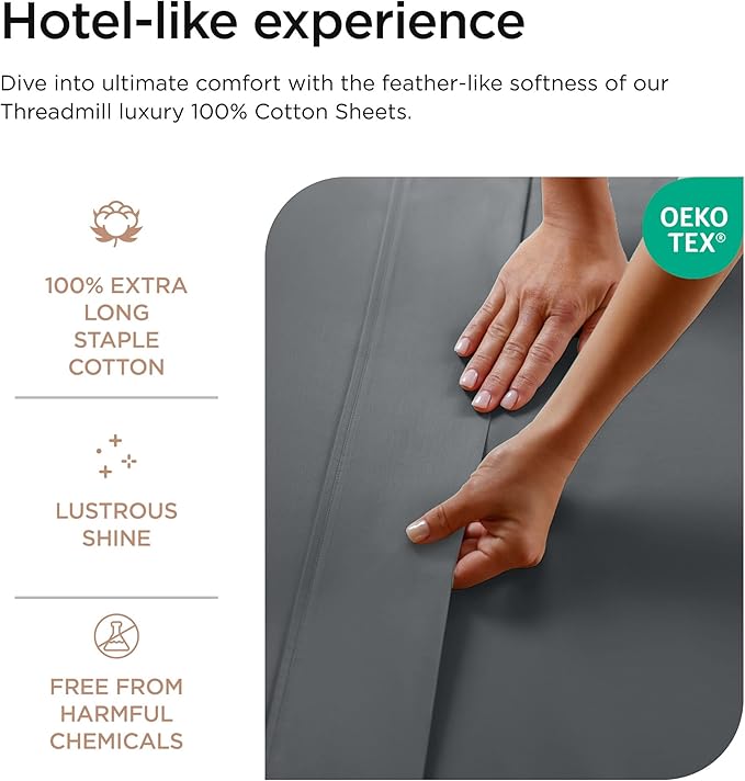 Hotel Quality Luxury 600 Thread Count 100% Cotton Twin Size Sheets, 3 Pc Sateen Weave Dark Grey Sheet Set, Premium Soft Sheets with Elasticized Deep Pocket by Threadmill