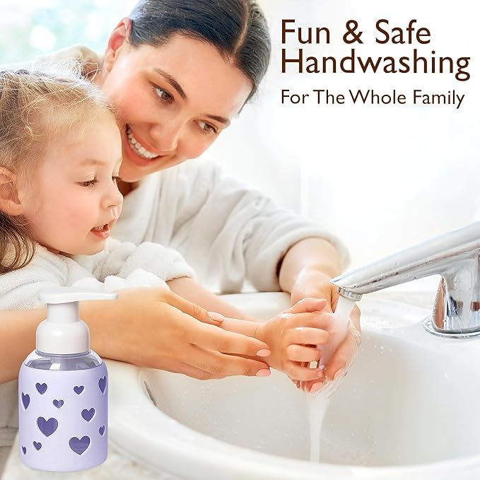 SoCal Suds & Company Glass Foaming Hand Soap Dispenser, Heart Silicone Sleeve, Refillable Pump Bottle for Kids, Baby Wash & Shampoo, Ideal for Home Use, Soft Purple 8oz