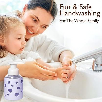 SoCal Suds & Company Glass Foaming Hand Soap Dispenser, Heart Silicone Sleeve, Refillable Pump Bottle for Kids, Baby Wash & Shampoo, Ideal for Home Use, Soft Purple 8oz