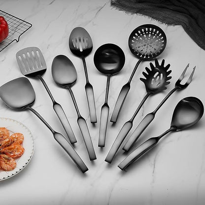 304 Stainless Steel Kitchen Utensils Set 9 Pcs Cooking Utensil Set, 15 Inches All Metal Cooking Tools Wok Kitchen Cookware Set with Spatula Useful Pots and Pans Accessories