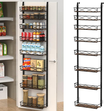 Over The Door Pantry Organizer, 8-Tier Wood & Metal Over The Door Organizer with Adjustable Basket, Hanging Spice Rack, Door Organization and Storage for Kitchen Pantry Door Cabinet, Black