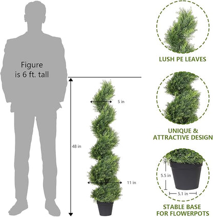 THE BLOOM TIMES 4ft Artificial Topiary Trees Set of 2, 48 inch Faux Cedar Cypress Spiral Topiary Trees Outdoor - Fake Plants for Garden Front Porch Indoor Outside Planter Christmas Decor 4 Foot