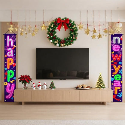 Nuxovilar Happy New Year Banner, 70.86" x 11.81" Colorful Background Letters Hanging Decorations for Outdoor Indoor Home Wall