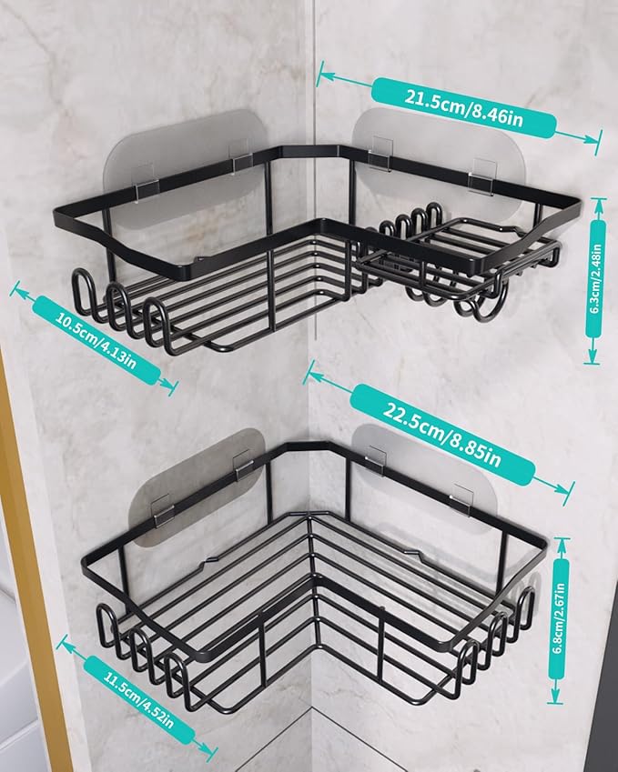 HapiRm Corner Shower Caddy with Shampoo Holder, 2-Pack Shower Organizer Shower Storage Shelf with 11 Hooks, No Drilling Rust Proof Stainless Steel Corner Shower Shelf with 6 Pack Adhesives (Black)