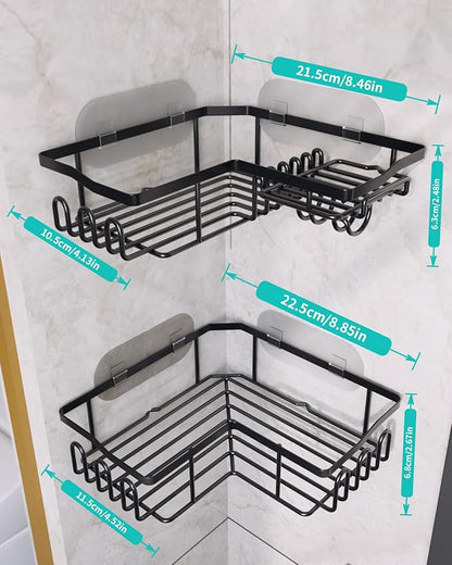 HapiRm Corner Shower Caddy with Shampoo Holder, 2-Pack Shower Organizer Shower Storage Shelf with 11 Hooks, No Drilling Rust Proof Stainless Steel Corner Shower Shelf with 6 Pack Adhesives (Black)
