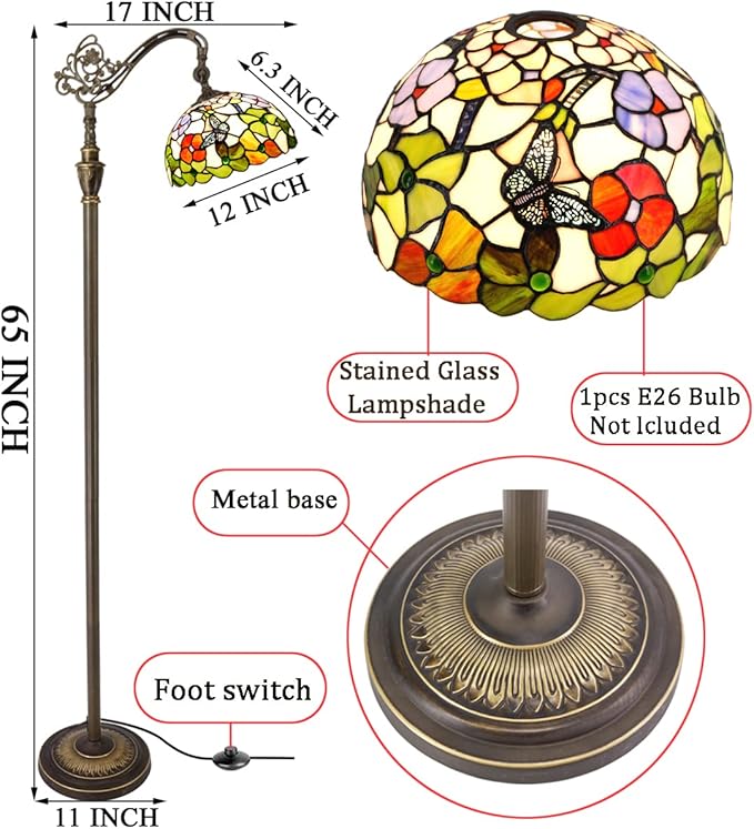 Tiffany Floor Lamp Stained Glass Lamp 18.88X12X67 Inch Angle Adjustable Arched Gooseneck Antique Reading Light (Butterfly Flowers)