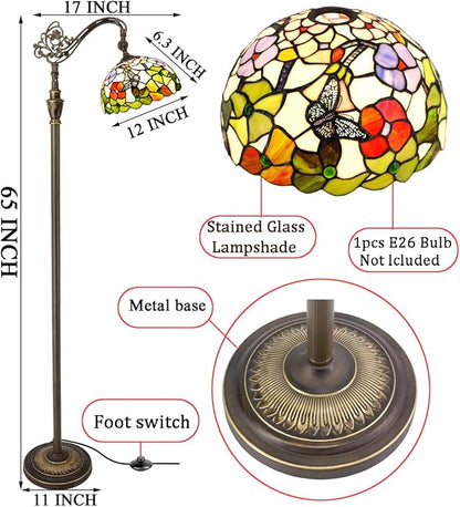 Tiffany Floor Lamp Stained Glass Lamp 18.88X12X67 Inch Angle Adjustable Arched Gooseneck Antique Reading Light (Butterfly Flowers)