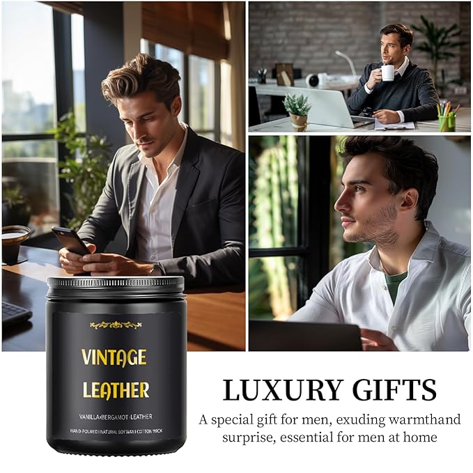 Vintage Leather Candle, 7 oz Scented Candle for Men, Soy Candles for Home Scented, Masculine Jar Candle for Him, 50 Hours Burning Time Mens Candle Gift for Boyfriend, Father, Birthday Present Giving