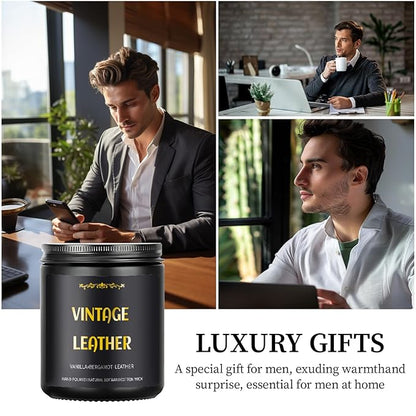 Vintage Leather Candle, 7 oz Scented Candle for Men, Soy Candles for Home Scented, Masculine Jar Candle for Him, 50 Hours Burning Time Mens Candle Gift for Boyfriend, Father, Birthday Present Giving