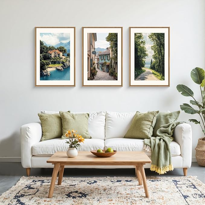 Large Vintage Italy City Coast Framed Canvas Wall Art,Modern French Country Street Wall Decor,Natural Town Tree Landscape Artwork for Living Room,Dining Room,Office -24"x36"x3