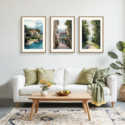 Large Vintage Italy City Coast Framed Canvas Wall Art,Modern French Country Street Wall Decor,Natural Town Tree Landscape Artwork for Living Room,Dining Room,Office -24"x36"x3
