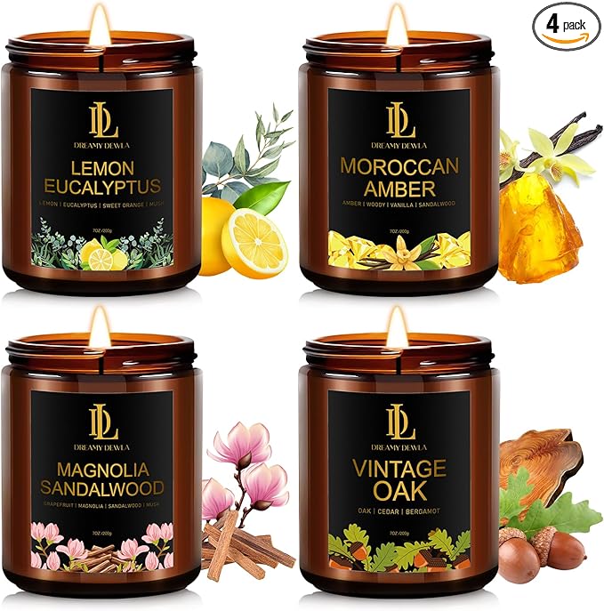 Valentine's Day Candles Gifts for Women Men, Scented Candle Set, Holiday Candle Gifts, 4Pack 28oz Soy Candles, Scents of Lemon Eucalyptus/Moroccan Amber/Magnolia & Sandalwood/Vintage Oak