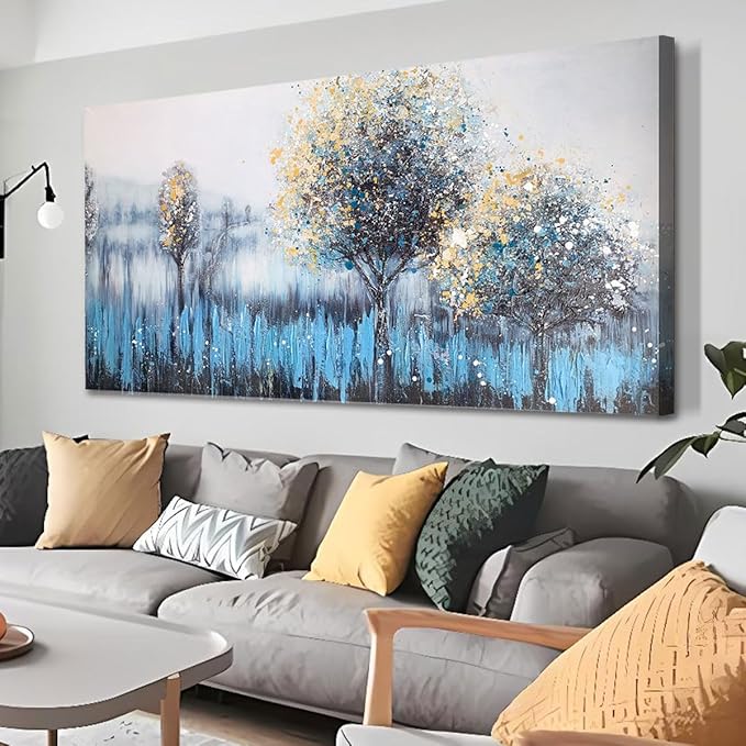 Arjun Tree Wall Art Canvas Teal Landscape Painting Blue Forest Textured Picture Modern Panoramic Abstract Nature Artwork Large Size Framed for Living Room Bedroom Bathroom Home Office Wall Decor