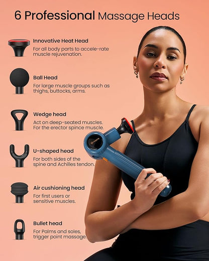 NAPRE Massage Gun with Heat,Massage Gun Deep Tissue with Extension Handle & 3 Adjustable Angles,Handheld Percussion Back Massager for Muscle/Neck/Body Pain Relief with Portable Case,Blue