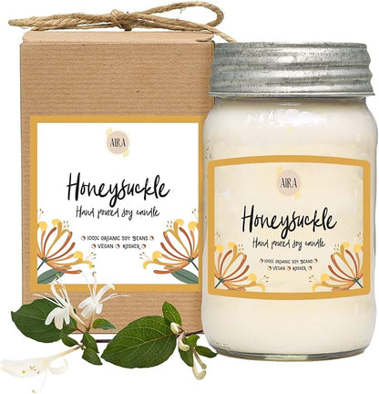 Aira Soy Candles - Organic, Kosher, Vegan Soy Candles w/Therapeutic Grade Essential Oil - Hand-poured w/Pure Soy Candle Wax - Paraffin Free, Burns 110+ Hours - Spring Candle Honeysuckle - 16 Ounces