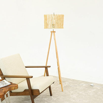 Modern Farmhouse Tall Lamps for Bedroom Office Birch Wood Beaded Table Floor Lamp Three Legged Floor Lamp for Living Room, Bedside, Study Room