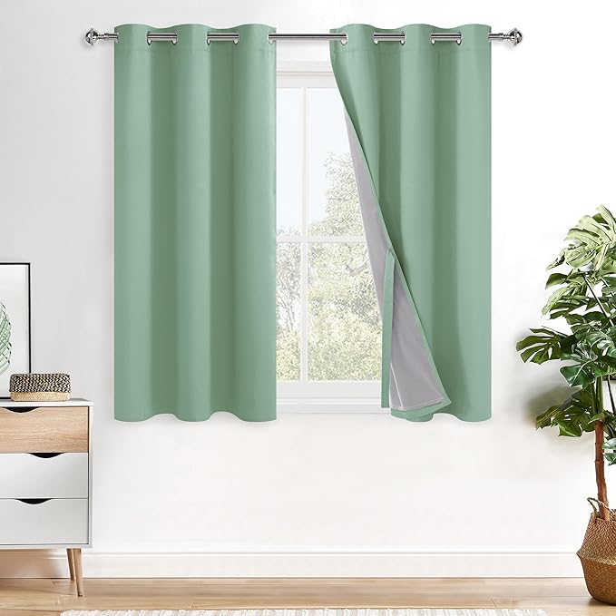 XWZO 100% Blackout Curtain Panels - Thermal Insulated Black Liner Curtains, Noise Reducing and Heat Blocking Drapes for Hall and Studio Windows with Tiebacks, Light Sage, W42 x L54, Set of 2