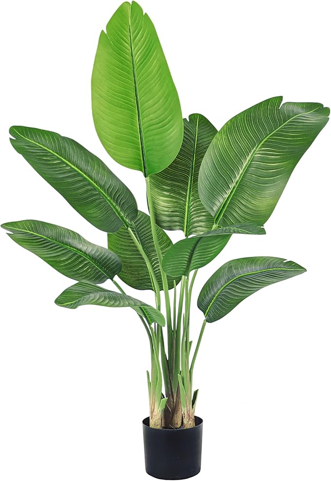 Lifelike Bird of Paradise Silk Artificial Plant Faux Banana Leaf Tree for Home Decor - Perfect Indoor Floor Plant with 9 Trunks (2, Black Planter, 4 FT)