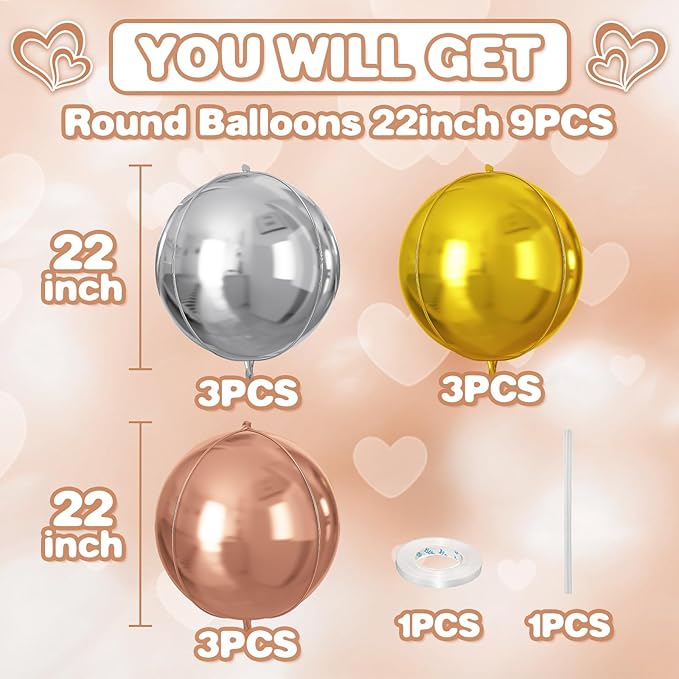 Silver Gold Rose Gold Round Foil Balloons 9 pcs,Metallic Giant 4D Round Balloons 22 Inch for Wedding Graduation Anniversary Baby Shower Birthday Party Decorations