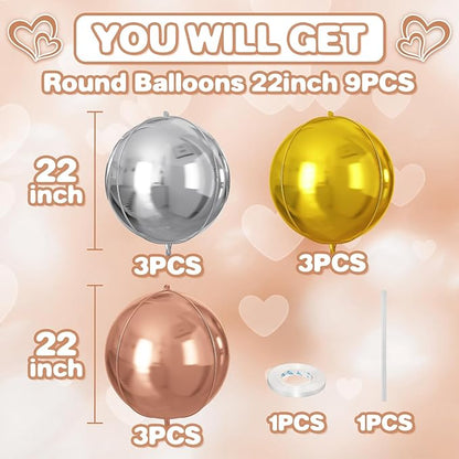 Silver Gold Rose Gold Round Foil Balloons 9 pcs,Metallic Giant 4D Round Balloons 22 Inch for Wedding Graduation Anniversary Baby Shower Birthday Party Decorations