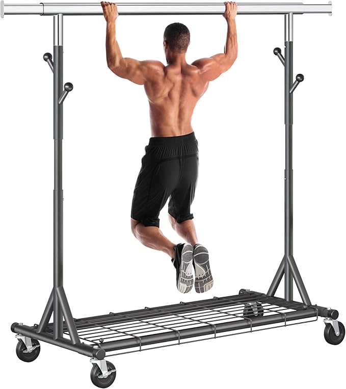 Heavy Duty Clothes Rack Load 530 LBS Metal Garment Clothing Rack Hang 200 pieces of clothing on Wheels Collapsible Rolling Portable & Adjustable with Hook for Hanging Clothes Black