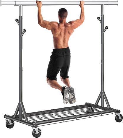 Heavy Duty Clothes Rack Load 530 LBS Metal Garment Clothing Rack Hang 200 pieces of clothing on Wheels Collapsible Rolling Portable & Adjustable with Hook for Hanging Clothes Black