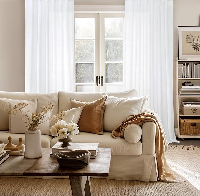 YoungsTex Extra Long White Linen Curtains 108 Inch Length for Living Room, Light Filtering Window Drapes with Rod Pocket Back Tab Semi Sheer Pirivacy for Dining Bedroom, 2 Panels, 52 X 108 Inch