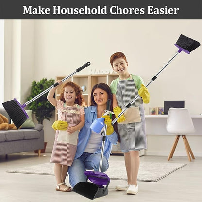 Broom and Dustpan Set, 51" Long Handle Broom with Dustpan Combo Set, Windproof and Self-Cleaning Teeth, Purple Household Dust Pan Set Sweep Kitchen Office Lobby Pet Room
