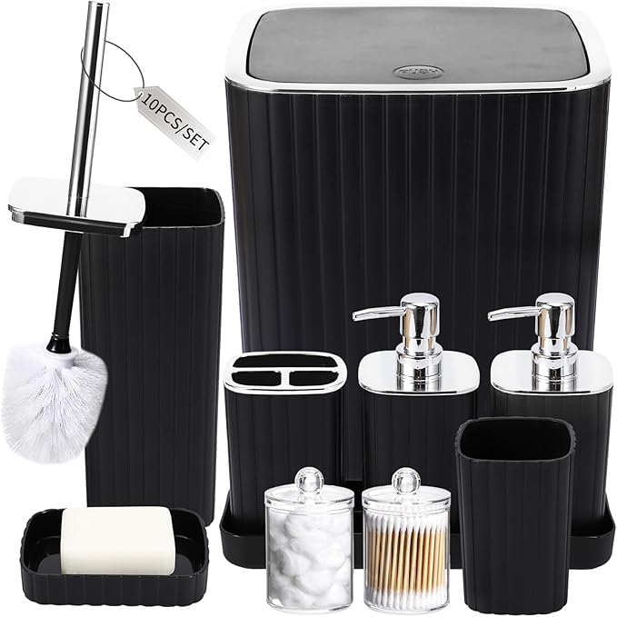 Bathroom Accessories Set - Gorgeous Bathroom Set, 10PC Black Bathroom Accessory Set, Toilet Brush, Trash Can, Qtip Holder Dispenser & Soap Dispenser