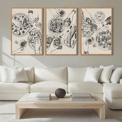 BINCUE Framed Food Wood Wall Art Set of Three Modern Cheers Kitchen Wall Decor Abstract Friends Party Art Print for Kitchen Dining Room Living Room 16x24 Inch