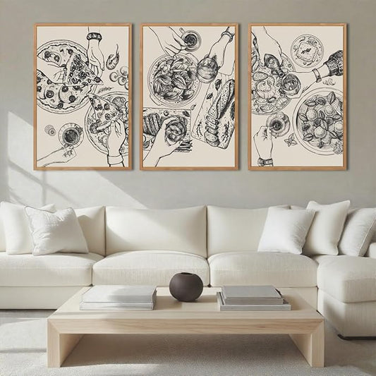 BINCUE Framed Food Wood Wall Art Set of Three Modern Cheers Kitchen Wall Decor Abstract Friends Party Art Print for Kitchen Dining Room Living Room 16x24 Inch