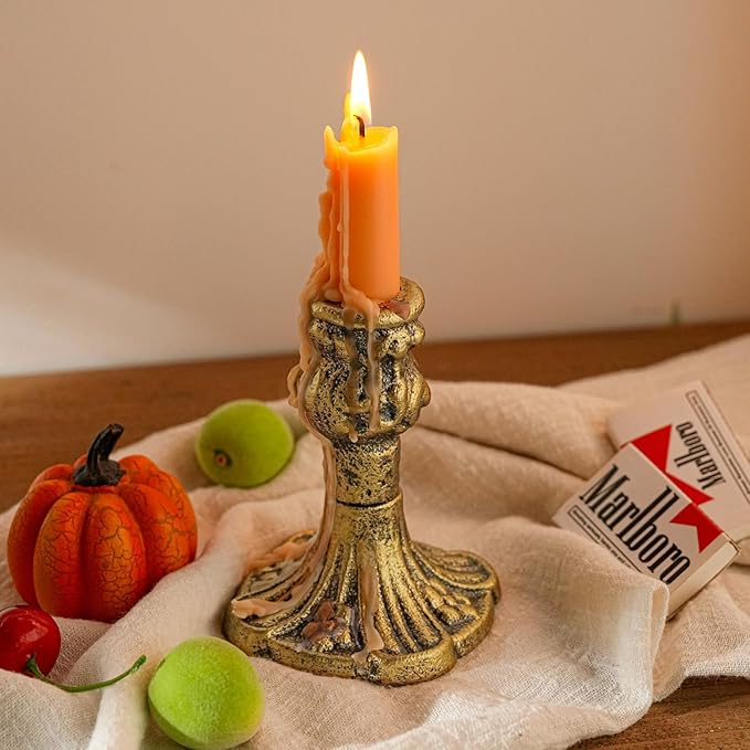 Sungmor Vintage Gold Cast Iron Candle Holder – 4.4" Tall Decorative Rustic Taper Candle Stand – Heavy Antique-Style Candlestick for Table Centerpiece, Fireplace Mantel, or Farmhouse Home Décor