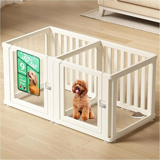 Transparent 9-Panel Dog Playpen, Acrylic Indoor/Outdoor Puppy Pen for Small & Medium Dogs, 30 Inch with Door, White(Ventilated Design 50 * 26 Two Rooms,30 inch)