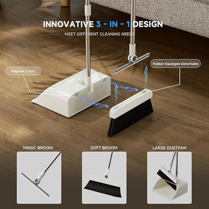 Magnetic Broom and Dustpan Set with Silicone Broom Squeegee, 55'' Broom with Dustpan Combo Set Self-Cleaning Teeth Design Upright Standing Dustpan Blue Microfiber Cloth for Indoor Floor Home Kitchen