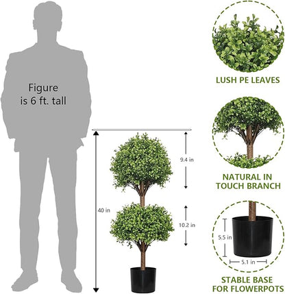 THE BLOOM TIMES 40" Tall Artificial Boxwood Double Ball Topiary Trees, UV Resistant Large Fake Potted Plants for Outdoor Planter, Realistic Faux Bushes Shrubs for Front Porch Outside Decor Set of 2