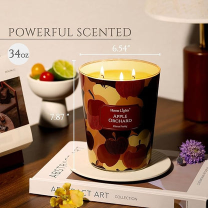 HomeLights Scented Candles | Large Jar 34 Oz Natural Soy Candle | 130 hrs Long-Lasting with 3 Wicks | Eclectic Mixed Styles Home Decor | Gifts for Mom & Women, Apple Orchard