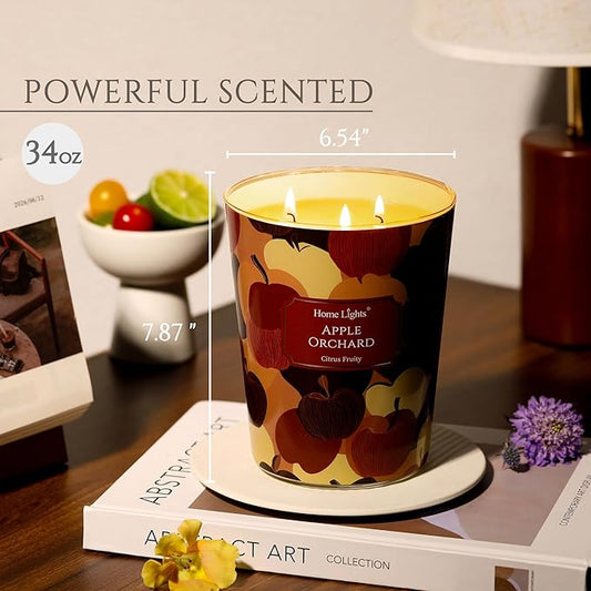 HomeLights Scented Candles | Large Jar 34 Oz Natural Soy Candle | 130 hrs Long-Lasting with 3 Wicks | Eclectic Mixed Styles Home Decor | Gifts for Mom & Women, Apple Orchard